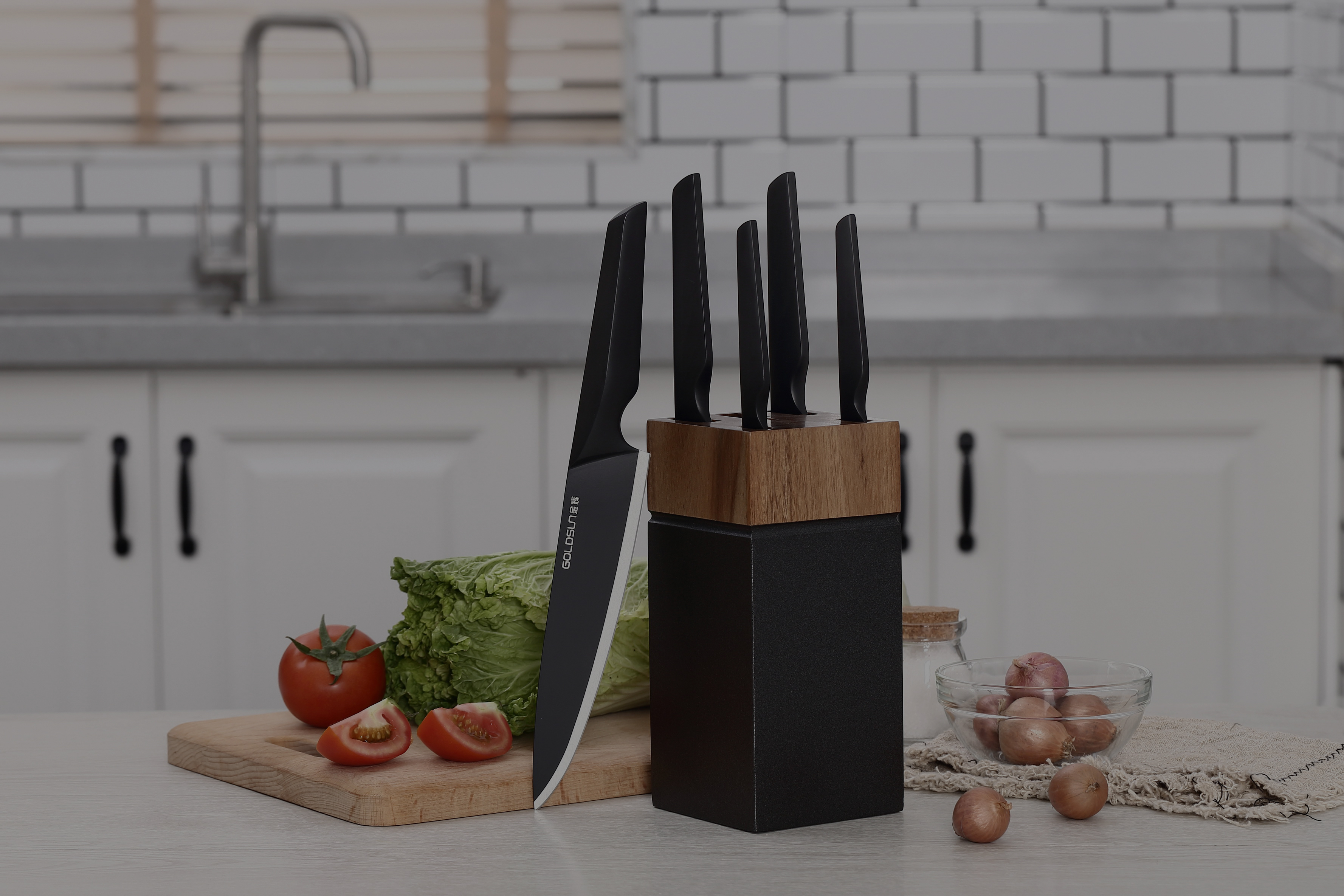 Black Stainless steel knife set with block